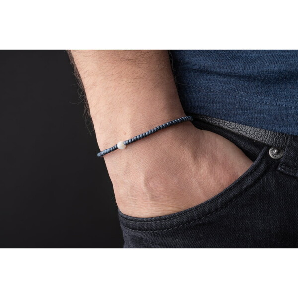 4mm Ay Taşı - Petrol Mavi Miyuki Boncuk - Gümüş Bileklik PB24199