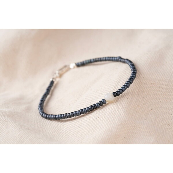 4mm Ay Taşı - Petrol Mavi Miyuki Boncuk - Gümüş Bileklik PB24199