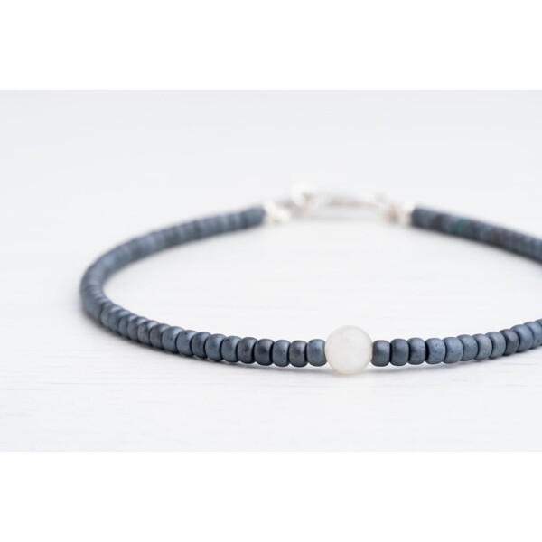 4mm Ay Taşı - Petrol Mavi Miyuki Boncuk - Gümüş Bileklik PB24199