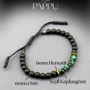 Yeşil Kaplangözü,Oniks ve Hematit Doğal Taş Bileklik - Görsel 2