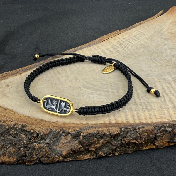 Mısır hiyeroglif bileklik Mezopotamya temalı altın kaplama makrome örgü siyah paraşüt ip