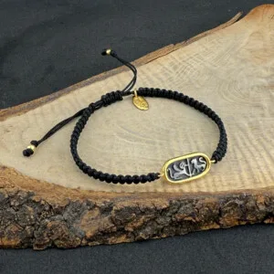 Mısır hiyeroglif bileklik Mezopotamya temalı altın kaplama makrome örgü siyah paraşüt ip