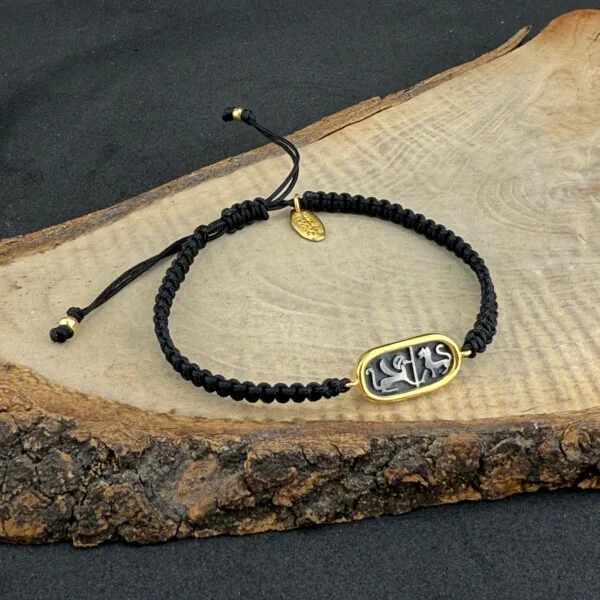 Mısır hiyeroglif bileklik Mezopotamya temalı altın kaplama makrome örgü siyah paraşüt ip