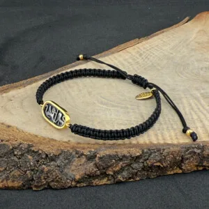 Mısır hiyeroglif bileklik Mezopotamya temalı altın kaplama makrome örgü siyah paraşüt ip