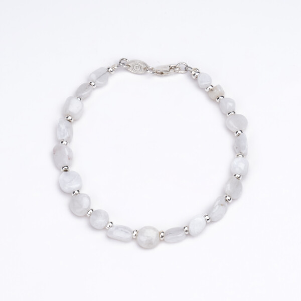 Ay Taşı - 925 Ayar Gümüş Boncuklu Bileklik - Asimetrik