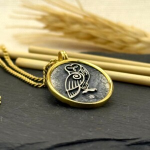 Baykuş Figürlü Kolye 14k Altın Kaplama ve 925 Okside Gümüş PB16121