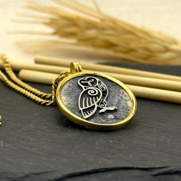 Baykuş Figürlü Kolye 14k Altın Kaplama ve 925 Okside Gümüş PB16121