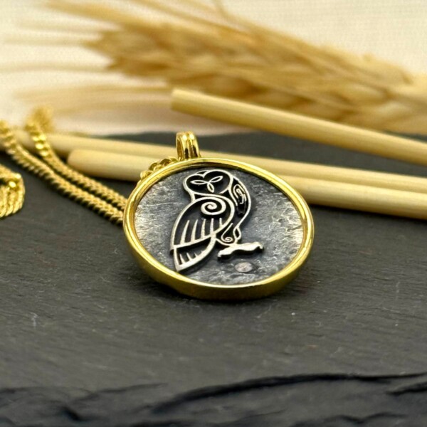 Baykuş Figürlü Kolye 14k Altın Kaplama ve 925 Okside Gümüş PB16121