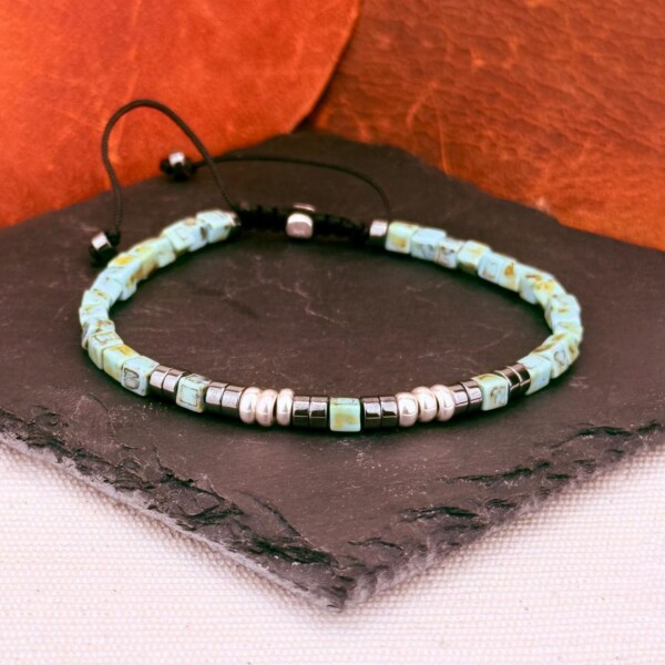 Miyuki küp boncuklu hematit bileklik siyah turkuaz renk kombinasyonu asansörlü kapama