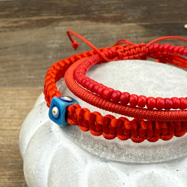 Nazar Boncuklu Örgü Bileklik - Kırmızı Miyuki 3'lü Set Bileklik - Aşk