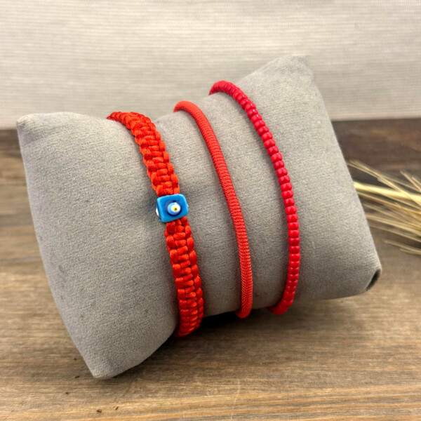 Nazar Boncuklu Örgü Bileklik - Kırmızı Miyuki 3'lü Set Bileklik - Aşk