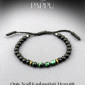 Yeşil Kaplangözü,Oniks ve Hematit Doğal Taş Bileklik - Görsel 1